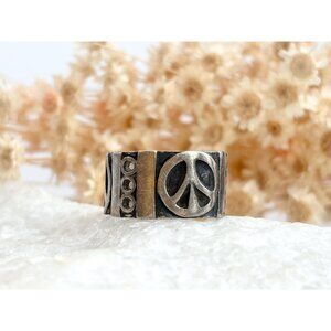 Taxco Mexico Peace Sign Cigar Banded 925 Sterling Silver Vintage Ring - sz 8.75